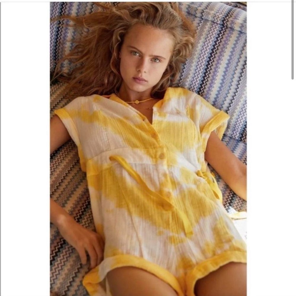 Urban Outfitters Out From Under Rosie Romper Yellow & White tie dye